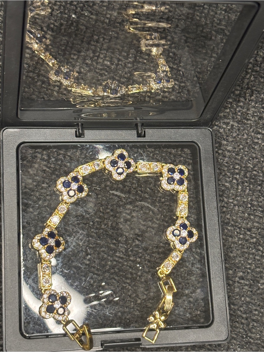 Elegant Moissanite Gold & Bracelet with Navy Blue Flower Accents - Picture 4 of 4